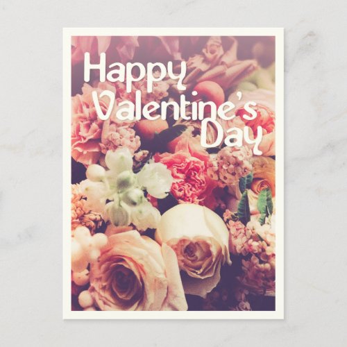 Happy Valentines Day with Vintage Flower Bouquet Holiday Postcard