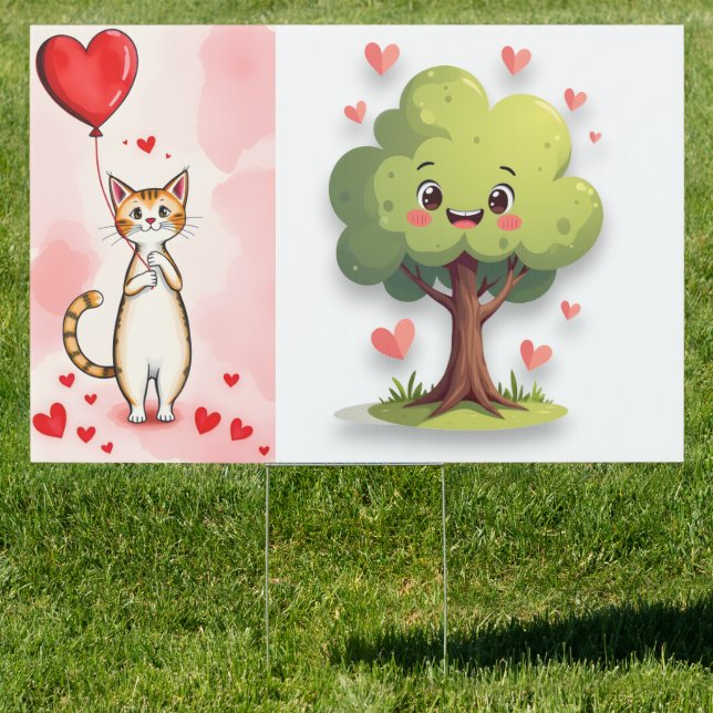 Happy Valentine's Day Yard Sign Cat Tree Red Heart (Insitu)