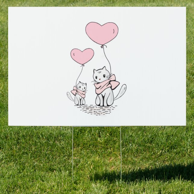 Happy Valentine's Day Yard Sign Cats Pink Hearts (Insitu)