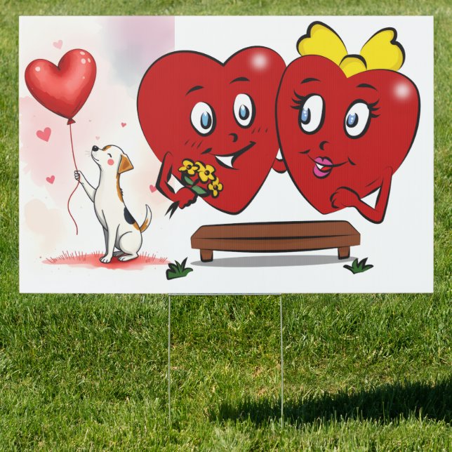 Happy Valentine's Day Yard Sign Dog Red Hearts (Insitu)