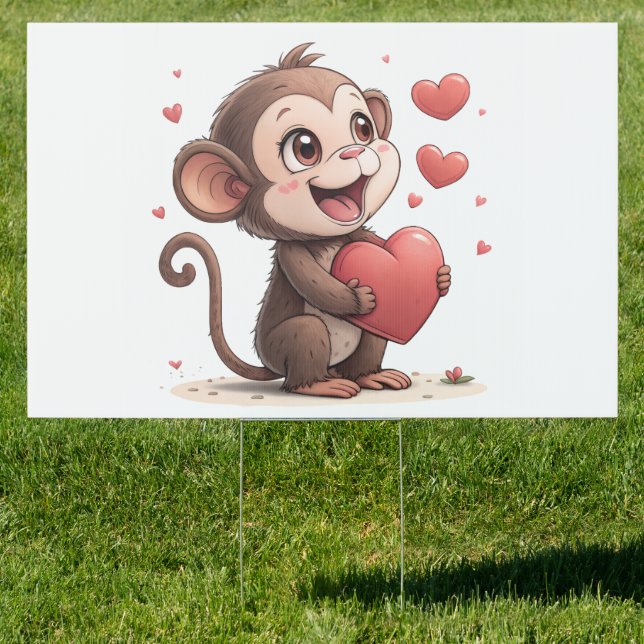 Happy Valentine's Day Yard Sign Monkey Red Hearts (Insitu)