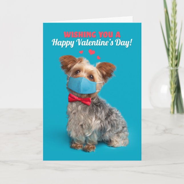 Happy Valentine's Day Yorkie in Covid Face Mask Holiday Card (Front)