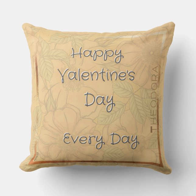 Happy Valentines Delicate Floral Beige Gold Text Throw Pillow (Front)