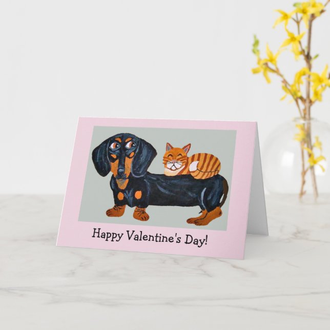 Happy Valentine's Dog & Cat Folded Greeting Card (Yellow Flower)