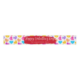 Happy Valentines Girly Vibrant Doodled Hearts Name Grosgrain Ribbon