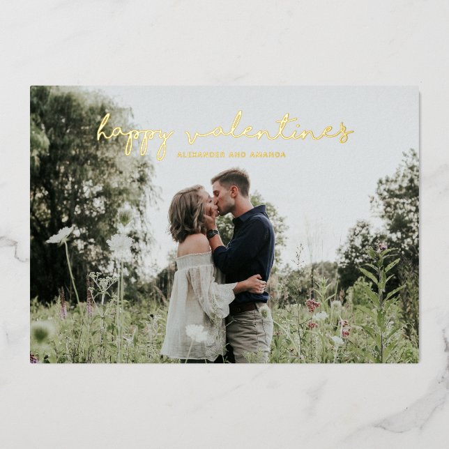 Happy Valentines | Gold Minimalist Modern Photo Foil Holiday Card (Front)