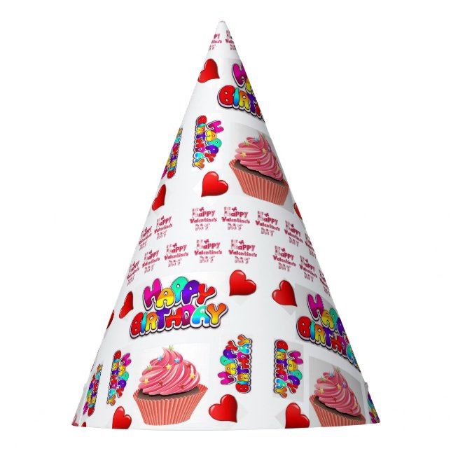 Happy Valentine's  Happy Birthday Paper Party Hat (Front)