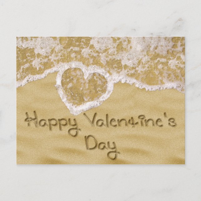 "Happy Valentine's" Heart written in Sand Holiday Postcard (Front)