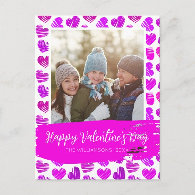 Happy Valentines Modern Purple Pink Heart Photo Holiday Postcard (Front)