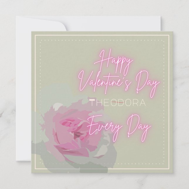 Happy Valentine's Peony Pink Gray Text Neon Pink Note Card (Front)