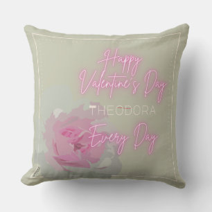 Happy Valentine's Peony Pink Gray Text Neon Pink Throw Pillow