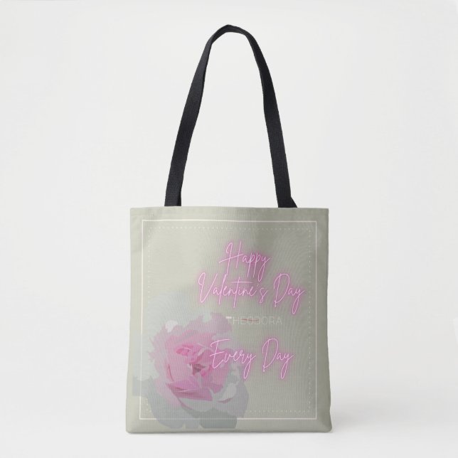 Happy Valentine's Peony Pink Gray Text Neon Pink Tote Bag (Front)