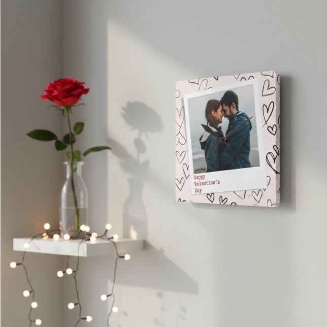 Happy Valentines Pink Heart Romantics Couple Photo Square Wall Clock (Creator Uploaded)