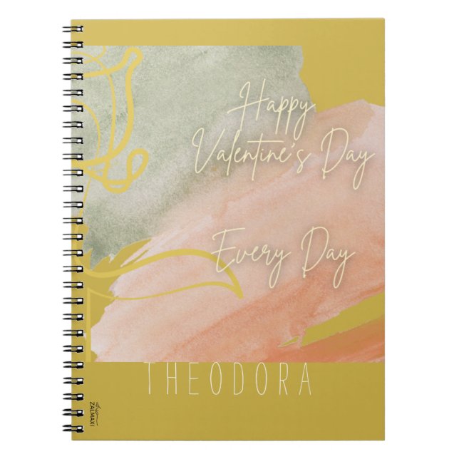 Happy Valentine's Pink Ocher Watercolor Gold Rose Notebook (Front)