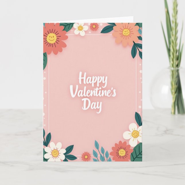 Happy Valentines Polka Dot Flowers Card (Front)