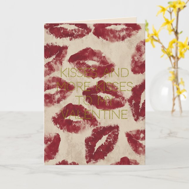 Happy Valentines Red Lipstic Kisses Romantic Love Card (Yellow Flower)