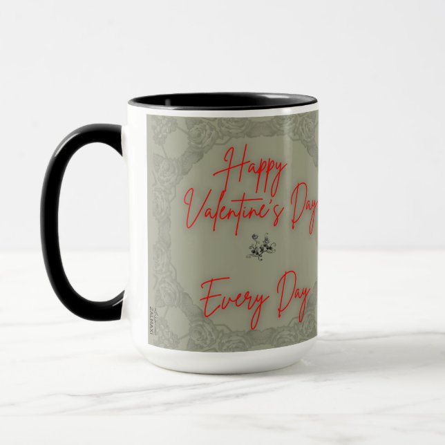 Happy Valentine's Roses Gray Frame Text Red Mug (Left)