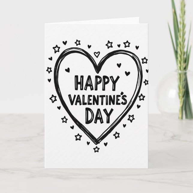 Happy Valentines Sketch Heart Stars Card (Front)