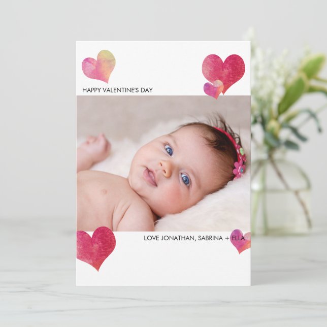 Happy Valentine's Watercolor Heart Photo  Holiday Card (Standing Front)