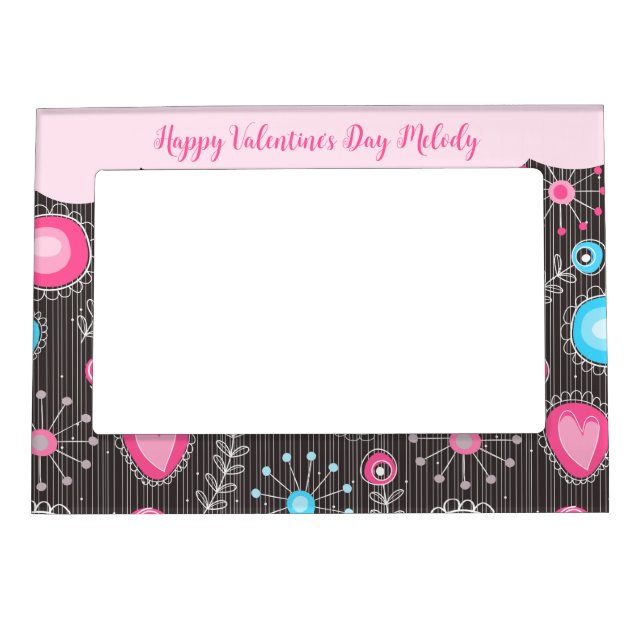 Happy Valentine's Whimsical pink blue heart floral Magnetic Frame (Front)