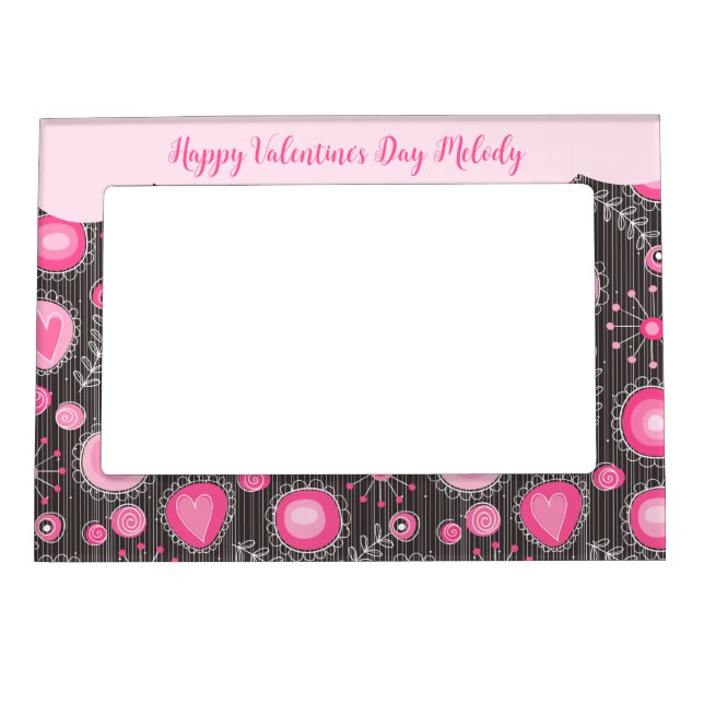Happy Valentine's Whimsical pink grey heart floral Magnetic Frame (Front)