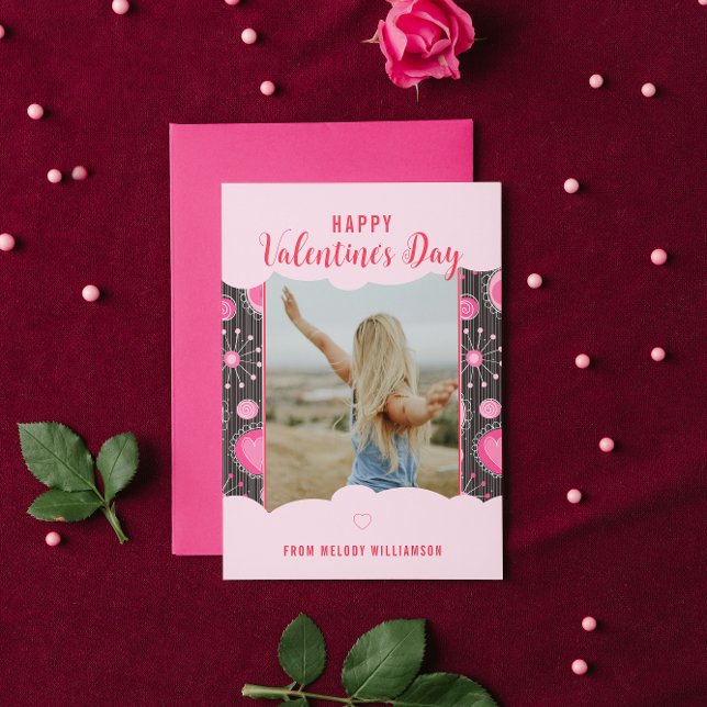 Happy Valentines Whimsical Pink hearts flower Name Holiday Card (Creator Uploaded)