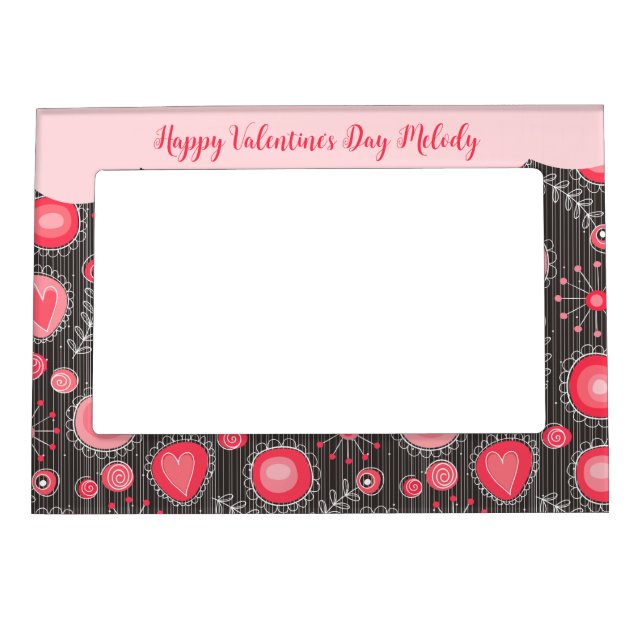 Happy Valentine's Whimsical red grey heart floral Magnetic Frame (Front)