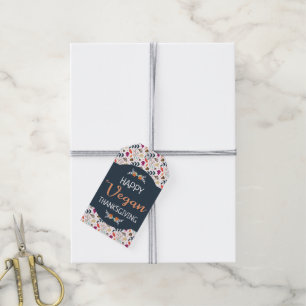 Happy vegan thanksgiving blue floral orange text gift tags