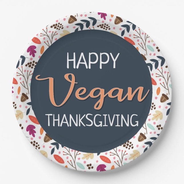Happy vegan thanksgiving blue floral orange text paper plates (Front)