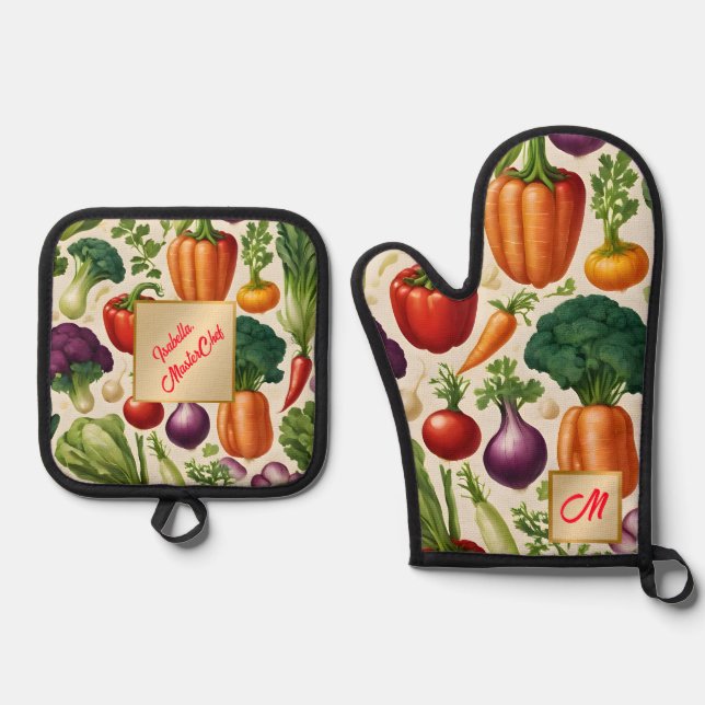 Happy Vegetables Healthy Food Modern Collection Oven Mitt & Pot Holder Set (Front)