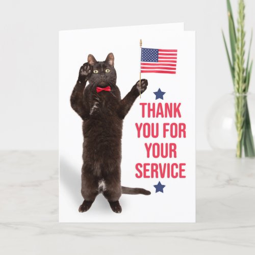 Happy Veterans Day Cat Holding Flag and Saluting Holiday Card