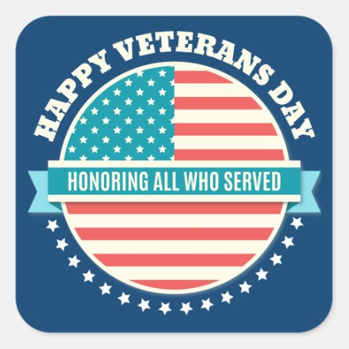 Happy Veterans Day USA flag dark blue background Square Sticker