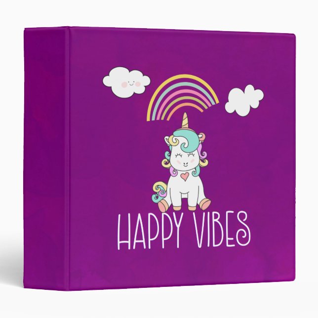 Happy Vibes Cute Smiling Unicorn 3 Ring Binder (Front/Spine)