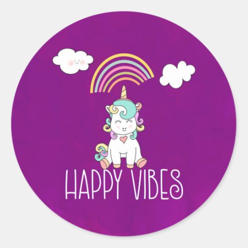 Happy Vibes Cute Smiling Unicorn Classic Round Sticker