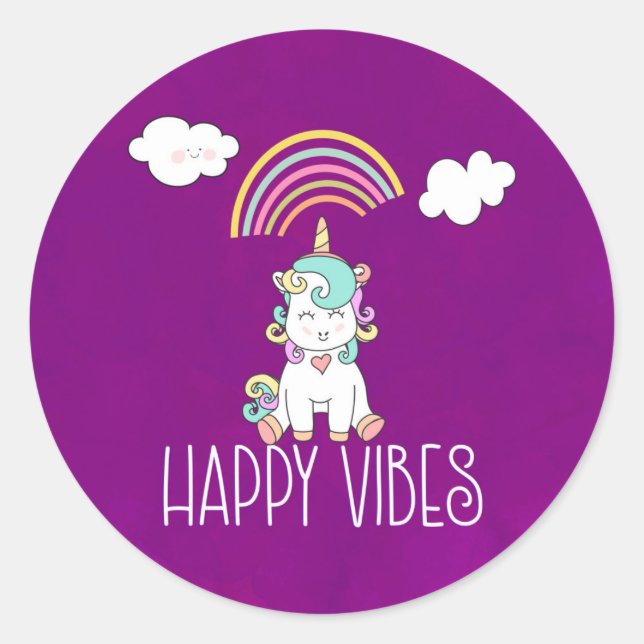 Happy Vibes Cute Smiling Unicorn Classic Round Sticker (Front)