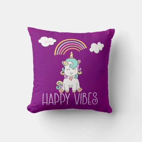 Happy Vibes Cute Smiling Unicorn Throw Pillow
