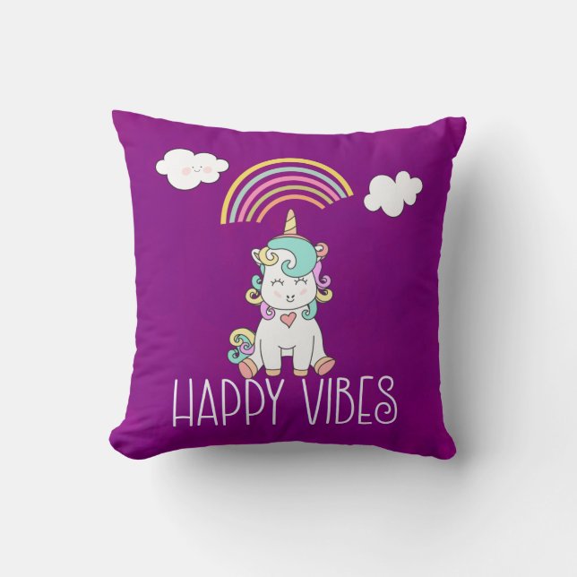 Happy Vibes Cute Smiling Unicorn Throw Pillow (Front)