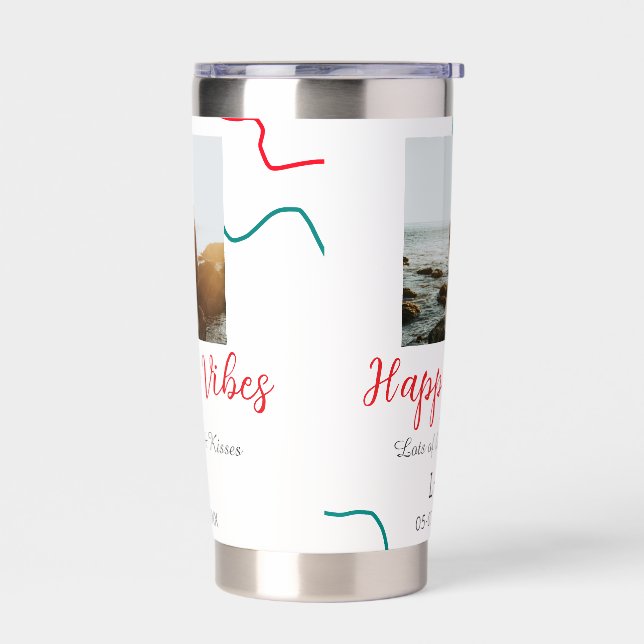 Happy Vibes holiday couple name date wedding red  Insulated Tumbler (Left)