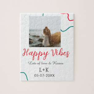 Happy Vibes holiday couple name date wedding red Jigsaw Puzzle