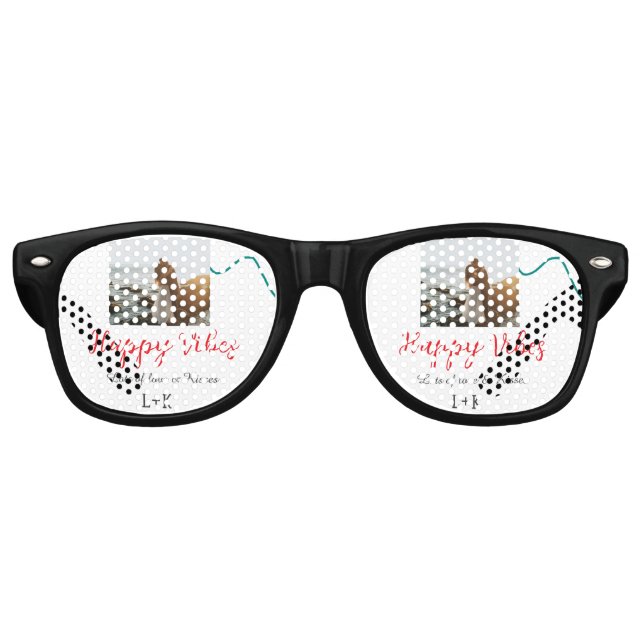 Happy Vibes holiday couple name date wedding red  Retro Sunglasses (Front)