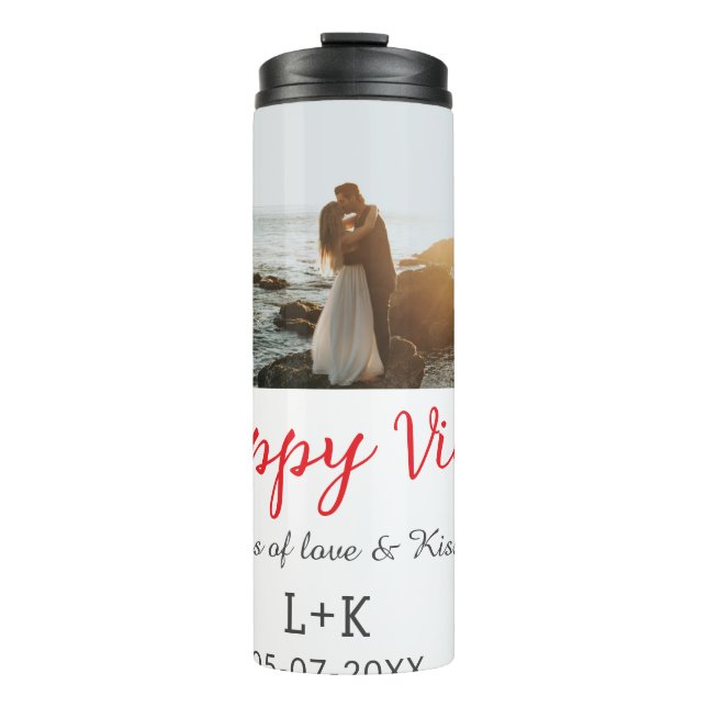 Happy Vibes holiday couple name date wedding red  Thermal Tumbler (Front)