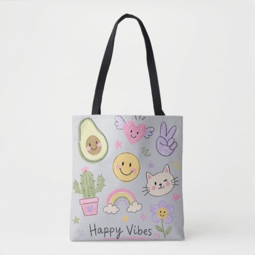 Happy Vibes Kawaii Doodle | Cute Smiley Rainbow &  Tote Bag