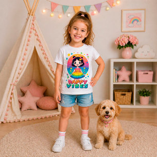 🌈 Happy Vibes Rainbow Cute Cartoon Girl Design T-Shirt