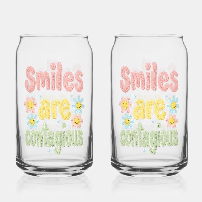 Happy Vibes Retro Smiles Are Contagious Can Glass (Front)