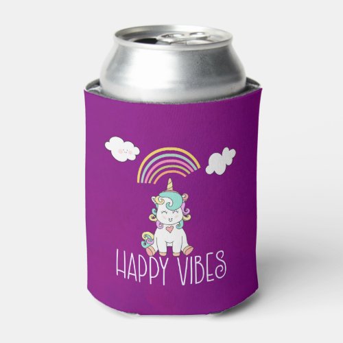 Happy Vibes Typography Awesome Rainbow  Unicorn Can Cooler