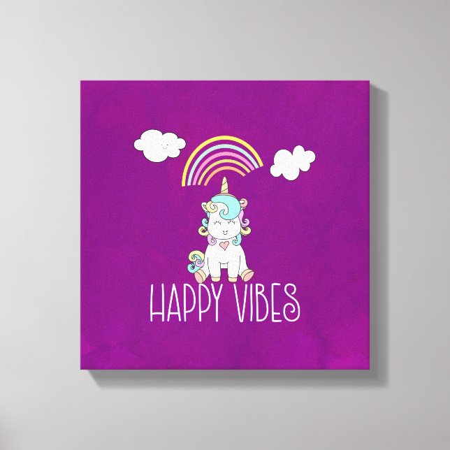 Happy Vibes Typography Awesome Rainbow & Unicorn Canvas Print (Front)