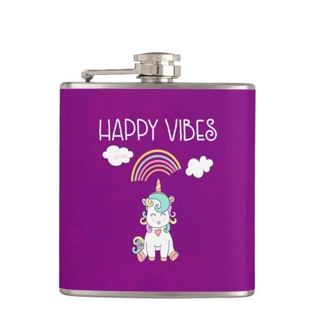 Happy Vibes Typography Awesome Rainbow & Unicorn Hip Flask (Front)