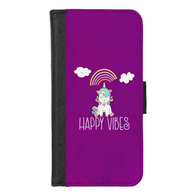 Happy Vibes Typography Awesome Rainbow & Unicorn iPhone Wallet Case (Front)