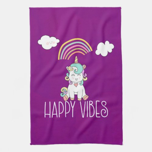 Happy Vibes Typography Awesome Rainbow  Unicorn Kitchen Towel