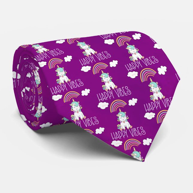 Happy Vibes Typography Awesome Rainbow & Unicorn Neck Tie (Rolled)